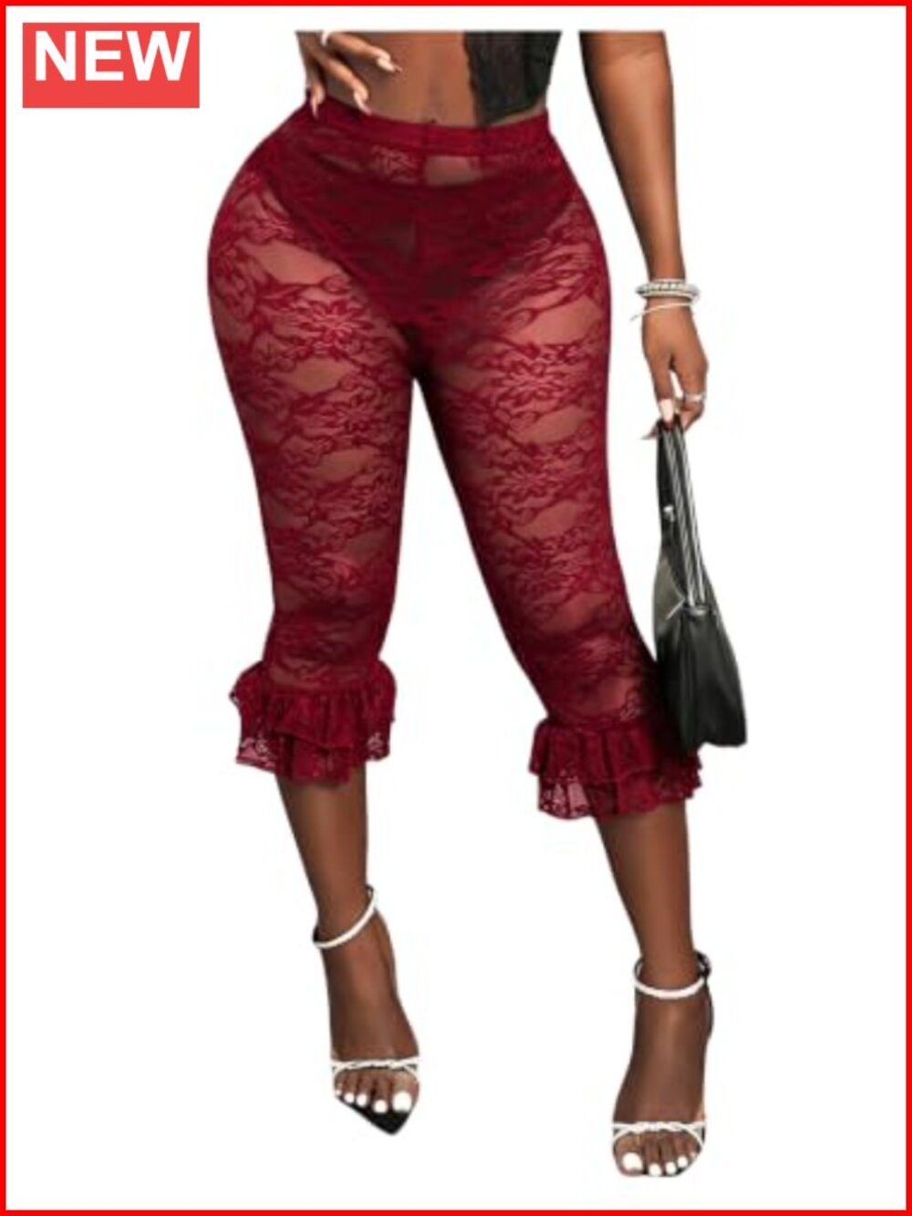Sheer Lace High Waisted Capri Leggings See Through Skinny Pants
